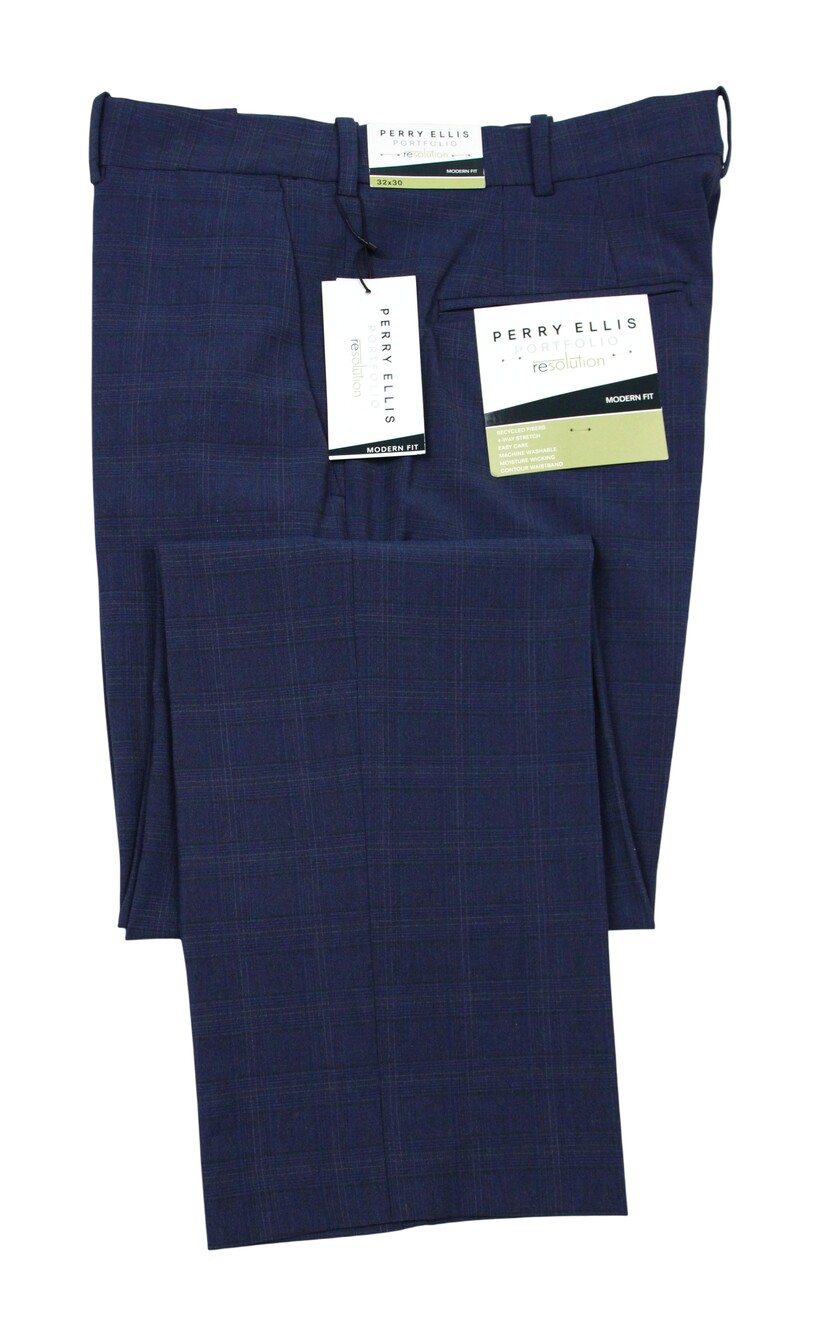 Perry Ellis Portfolio Resolution Pants Mens 32x30 Navy Plaid Modern Fit Stretch